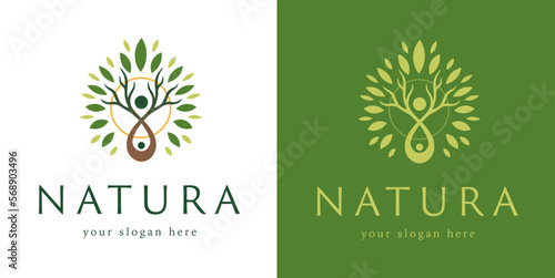 Logo original estilo naturaleza para empresas ecológicas naturales medioambiente orgánico árbol con hojas verdes persona creciendo bio floral moderno minimalista