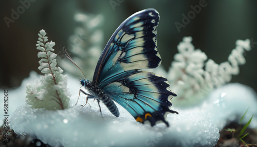 Beautiful blue and black butterfly standing on snow in a winter icy landscape, spring is coming.