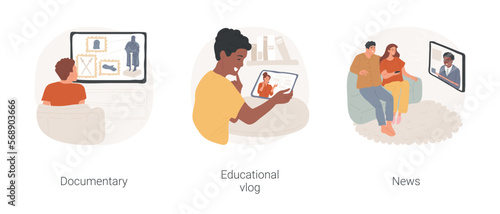 Watching videos for self-development isolated cartoon vector illustration set. Watching documentary on TV screen, educational vlog, news program, obtain information, self-education vector cartoon.