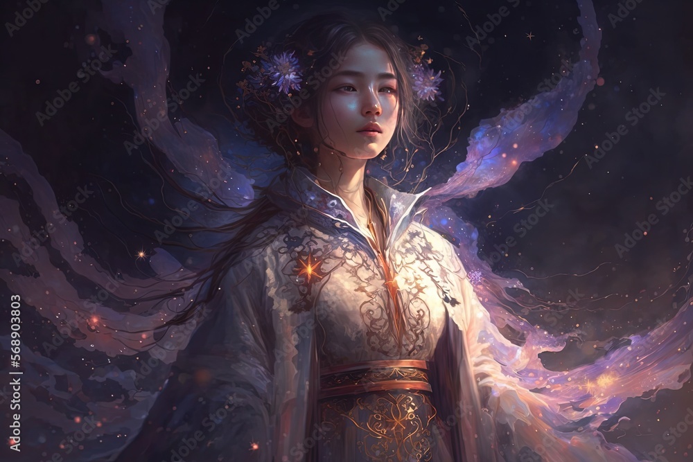 illustration portrait of a fantasy Asian goddess with at romantic