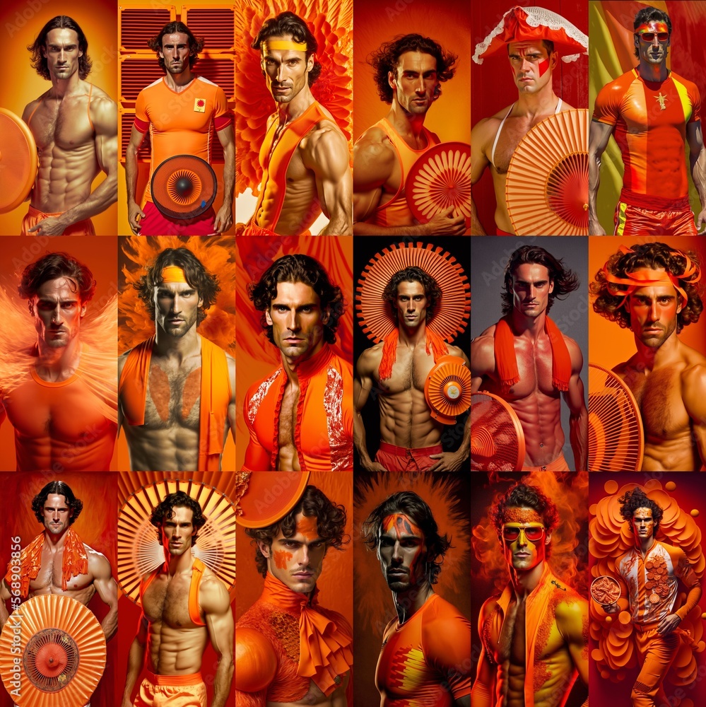 Fototapeta premium Rassige spanische Supermodels Männer in extravaganter Kleidung als Collage. AI generativ