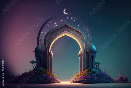 Islamic decoration background with arch crescent moon in luxury style, Ramadan Kareem, Generative AI