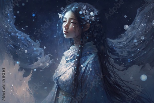 illustration portrait of a fantasy Asian goddess with at romantic fantasy atmosphere night time, hair flow motion in wind blow, idea for dreamy fairytale background wallpaper, Generative Ai