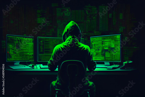 hacker programmer surrounded by green programming codes in a dark ambient cyber space, sitting at a table with monitors doing a hacking attack. Ai generated