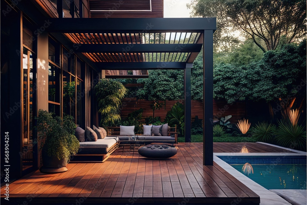 Backyard living space with outdoor furniture next to pool under a pergola, AI assisted finalized in Photoshop by me  - obrazy, fototapety, plakaty 