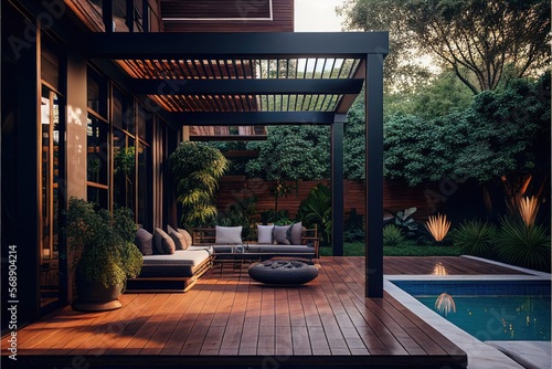 Backyard living space with outdoor furniture next to pool under a pergola, AI as Fototapeta