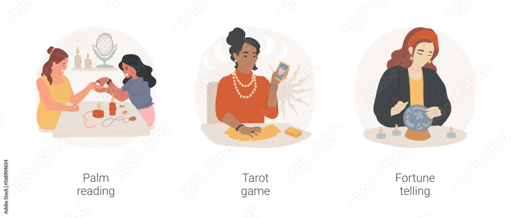 Fototapeta premium Divinations isolated cartoon vector illustration set. Palm reading, young woman doing palmistry, making predictions with tarot cards, fortune telling, predict future, crystal ball vector cartoon.