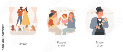 Performance-based hobbies isolated cartoon vector illustration set. Theatre as hobby, amateur drama performance, puppet show for kids, perform magic tricks on stage, creative hobby vector cartoon.