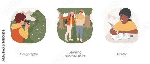 General interest isolated cartoon vector illustration set. Photography hobby, young photographer taking picture, learn survival skill, navigate in nature, writing creative poetry vector cartoon.