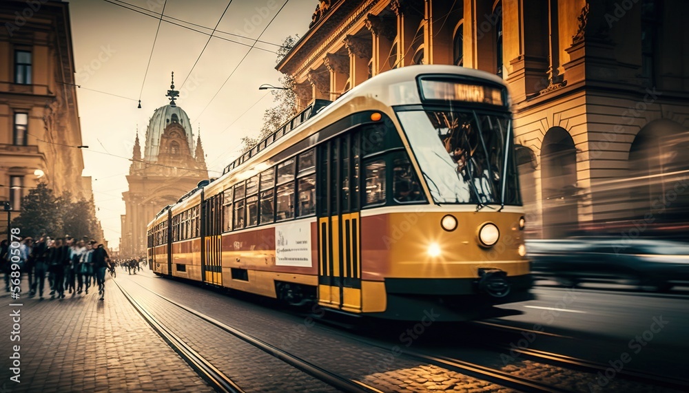  a yellow and black tram on a city street with people walking around it and a building in the background with a clock tower on top.  generative ai