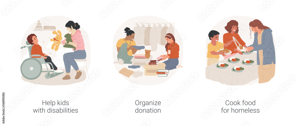 Volunteering practices isolated cartoon vector illustration set. Help kids with disabilities, volunteer take care of child in wheelchair, organize donation, cook food for homeless vector cartoon.