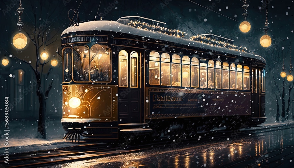  a trolley car on a snowy night with street lights and street lamps on the side of the road and a tree with lights on the side of the road.  generative ai