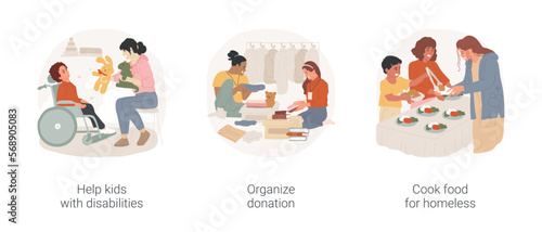 Volunteering practices isolated cartoon vector illustration set. Help kids with disabilities, volunteer take care of child in wheelchair, organize donation, cook food for homeless vector cartoon. © Vector Juice
