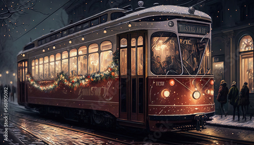  a trolley car with christmas decorations on the side of the road at night with people standing on the side of the road looking at the trolley car.  generative ai