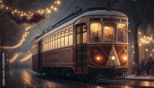  a trolley car with christmas lights on the side of the road and a christmas tree hanging from the side of the car and people standing on the side of the street. generative ai