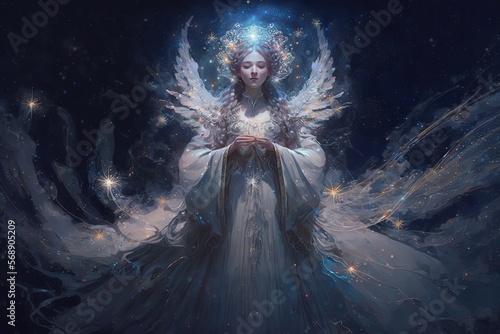 beautiful angel wearing white dress with holy light surround, Generative Ai