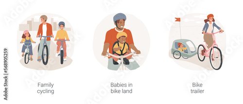 Family cycling isolated cartoon vector illustration set. Happy parents and kid cycling together, baby in bike seat, kiddie trailer, child sitting in bicycle cart, active lifestyle vector cartoon.