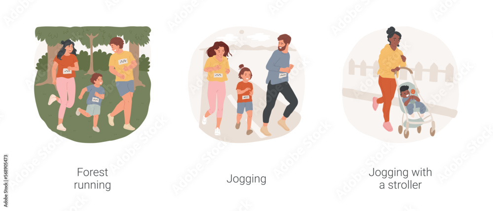 Running isolated cartoon vector illustration set. Forest running, cross-country race, family jogging together in city park, sporty young mom run with stroller, active lifestyle vector cartoon. Running isolated cartoon vector illustration set. Forest running, cross-country race, family jogging together in city park, sporty young mom run with stroller, active lifestyle vector cartoon.