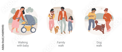Going for a walk isolated cartoon vector illustration set. Walking with baby, mom with stroller, family on a stroll, holding hands, walk with dog, happy kids with a pet on a leash vector cartoon.