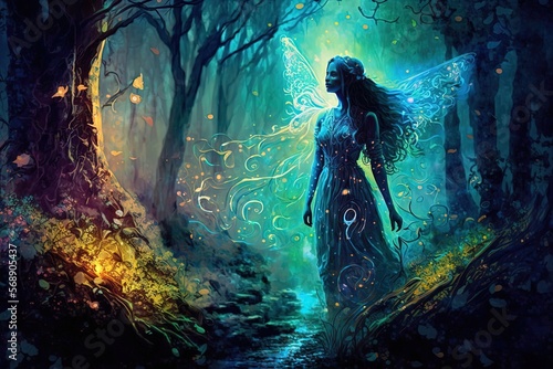 Ancient Celtic powerful fairy in magic wood with magic energy emerge as glow light around, Generative Ai photo
