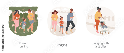 Running isolated cartoon vector illustration set. Forest running, cross-country race, family jogging together in city park, sporty young mom run with stroller, active lifestyle vector cartoon.
