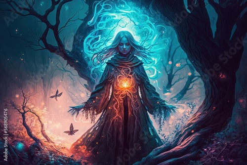 Ancient Celtic powerful fairy in magic wood with magic energy emerge as glow light around, Generative Ai