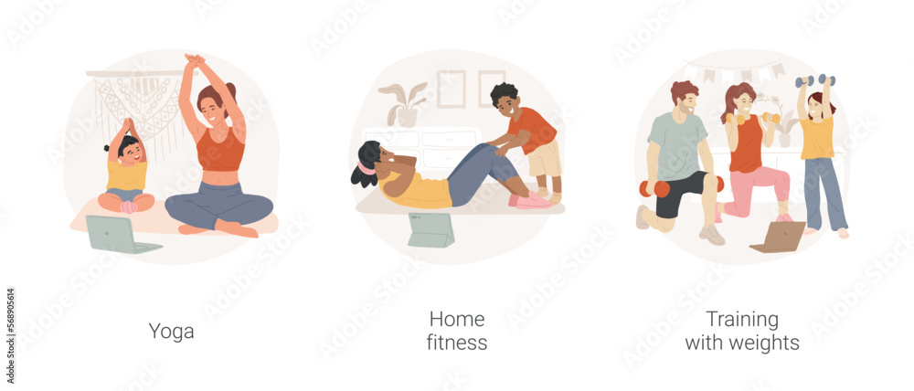 Fototapeta premium Online fitness isolated cartoon vector illustration set. Happy mom with little child practicing yoga online, home fitness, training with weights, virtual workout, physical activity vector cartoon.