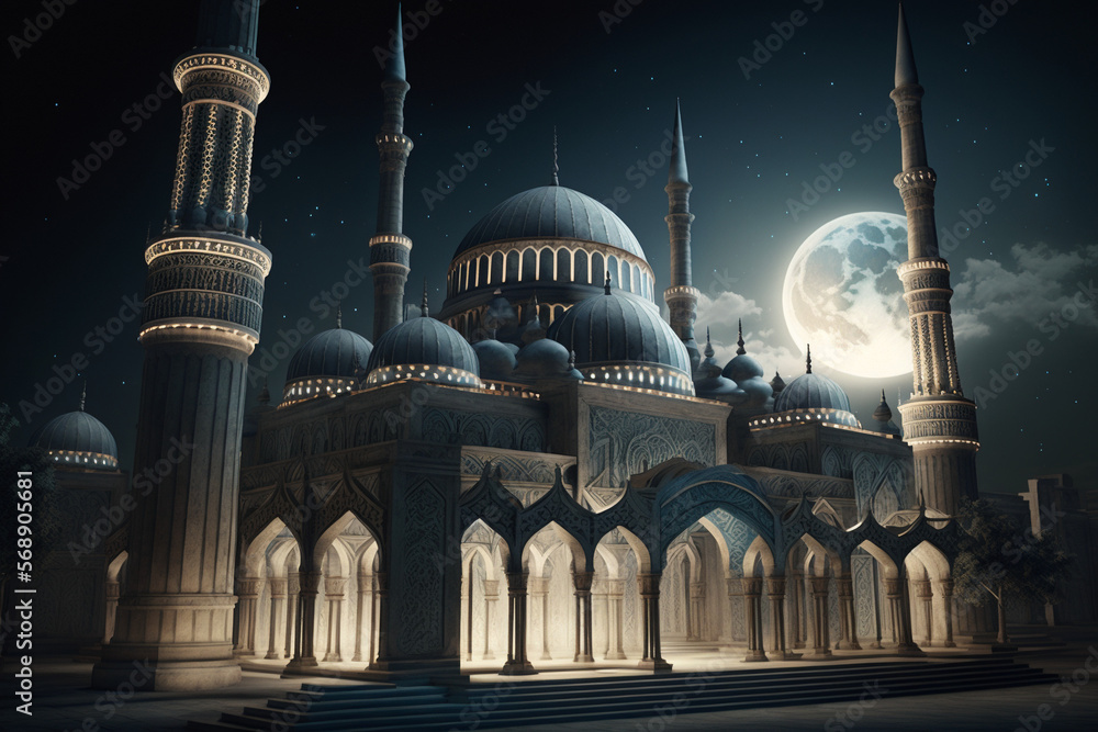A panoramic view of the mosque, with its intricate architecture, domes, and minarets, illuminated by moonlight. Generative AI