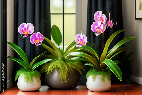 Beautiful pink indoor flowers of archidea in the home interior. AI generated.