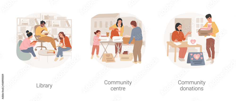 Community living isolated cartoon vector illustration set. People in a local library, sitting together in reading room, community center, charity and donations, volunteering vector cartoon. Community living isolated cartoon vector illustration set. People in a local library, sitting together in reading room, community center, charity and donations, volunteering vector cartoon.