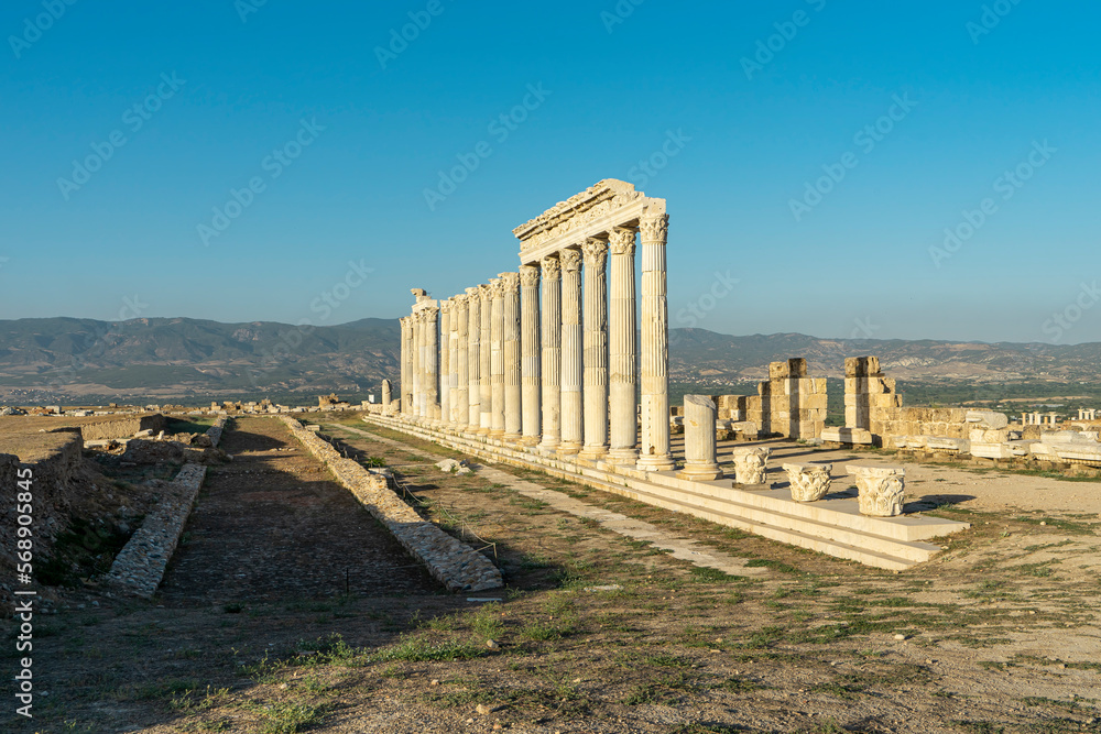 Side of West Agora at the ancient city of Laodikeia (Laodicea) near Denizli in Turkey. Copy space for text.