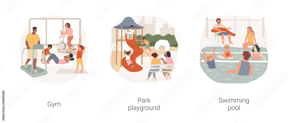 Common sport amenities isolated cartoon vector illustration set. Community fitness club, residential area gym, local park playground, suburban residential area, swimming pool vector cartoon.