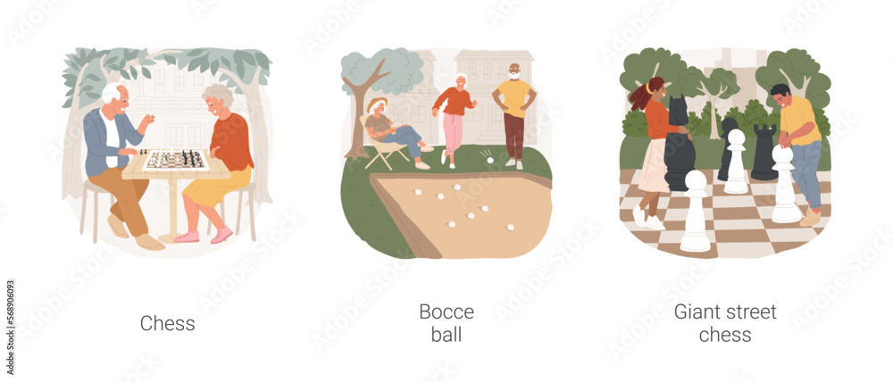 Community games isolated cartoon vector illustration set. Senior people playing chess in park, bocce ball game, diverse people moving giant street chess figures, outdoor recreation vector cartoon.