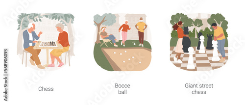 Community games isolated cartoon vector illustration set. Senior people playing chess in park, bocce ball game, diverse people moving giant street chess figures, outdoor recreation vector cartoon.