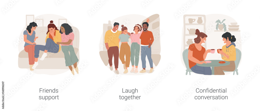 Good friends isolated cartoon vector illustration set. Friends support, giving a hug, support each other, group of people laugh together, confidential conversation, sharing thoughts vector cartoon.