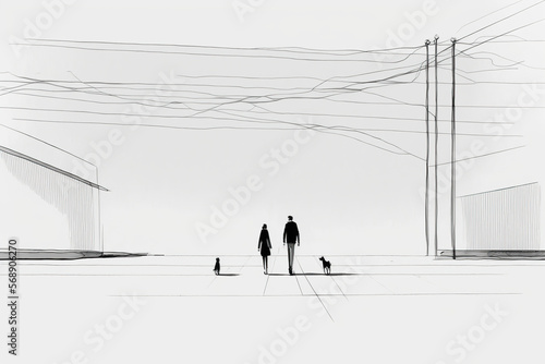 Couple walking down the street, with a dog. Generative AI