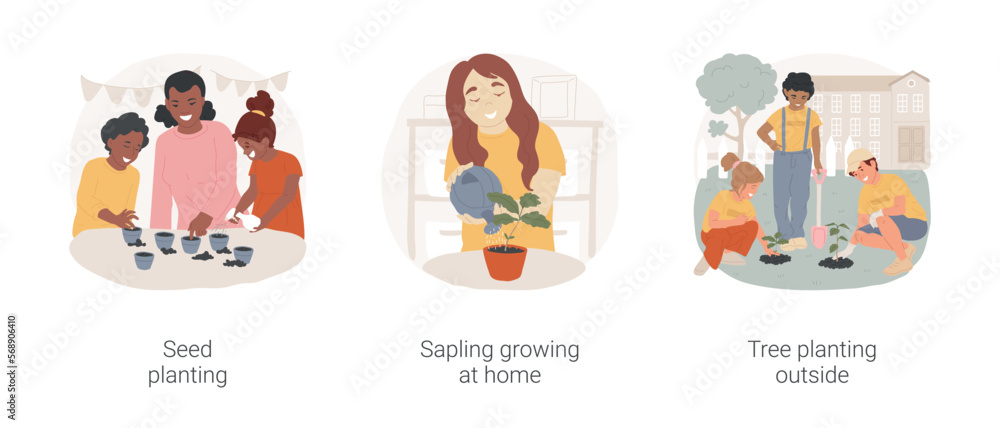Tree planting isolated cartoon vector illustration set. Child puts seed in the ground, sapling growing at home, eco activity with kids, tree planting outside, community gardening vector cartoon.