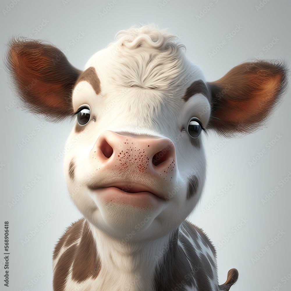 Close-up of a cute and funny cow smiling, isolated on white background.