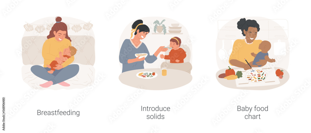 Feeding a baby isolated cartoon vector illustration set. Mother breastfeeding newborn, introduce solid, mom making baby food chart, balanced nutrition, kid diet, happy motherhood vector cartoon.
