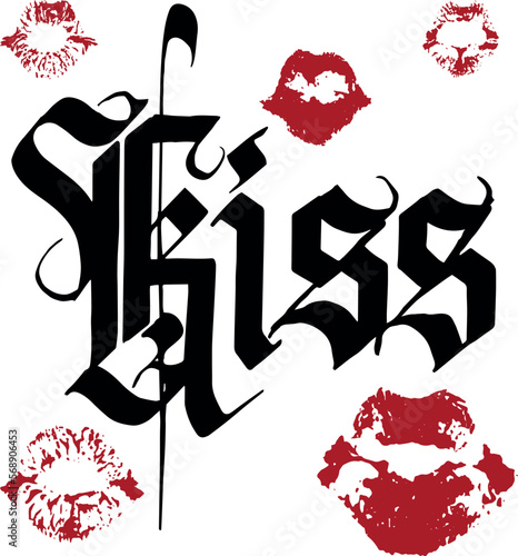 Vector word kiss written in gothic font by black ink and red lips prints. Isolated on white elements for design card, poster, invitation.