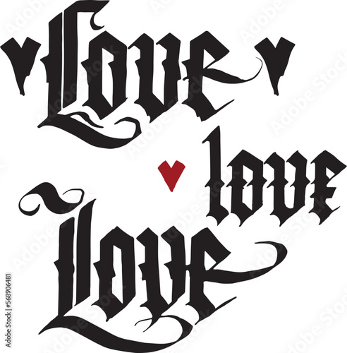 Vector set: word love written different ways in gothic font by black ink and small hearts. Isolated on white elements for design card, poster, illustation.