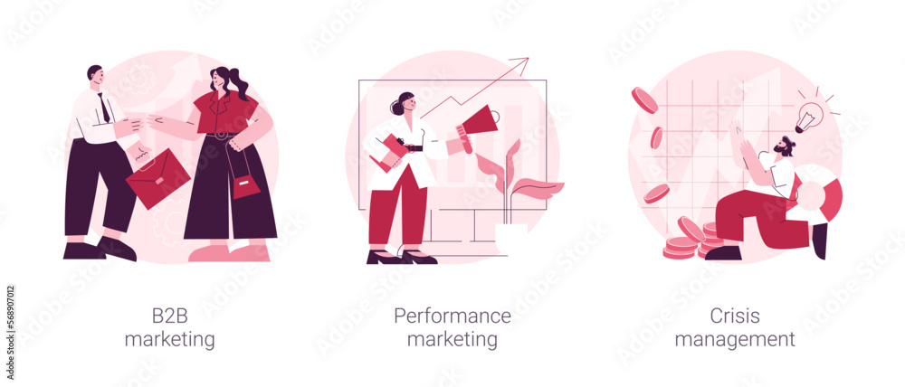 Advertising and consulting abstract concept vector illustration set. B2B and performance marketing, crisis management, digital campaign strategy, social media relations, landing abstract metaphor. Advertising and consulting abstract concept vector illustration set. B2B and performance marketing, crisis management, digital campaign strategy, social media relations, landing abstract metaphor.