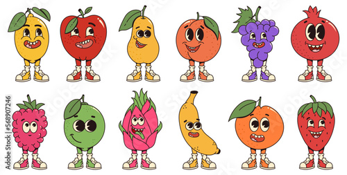 Set retro cartoon fruit characters. Modern illustration with cute comics characters. Hand drawn doodles of comic characters. Set in modern cartoon style. 70s retro vibes.