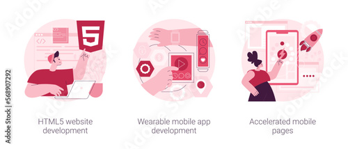 Software and frontend development abstract concept vector illustration set. HTML5 website development, wearable mobile app, accelerated mobile pages, responsive landing design abstract metaphor.