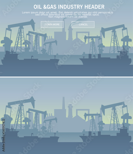 Gas oil industry platform website header and banner, Oil gas industry technology flat vector illustrations, Vector Oil rig industry silhouettes background, Web template for website header