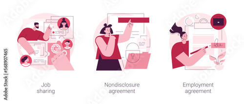 Working terms abstract concept vector illustration set. Job sharing, nondisclosure agreement, employment agreement, part time job, confidential information, financial relations abstract metaphor.