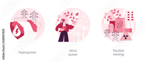 Sustainable energy source abstract concept vector illustration set. Hydropower, wind power and nuclear energy, dam turbine, green electricity supply, uranium atom, environment abstract metaphor.
