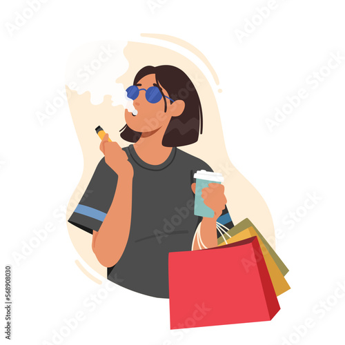 Young Woman Smoking, Inhaling Smoke From Lit Cigarette, Shopping Bags And Coffee Cup In Hand Vector Illustration