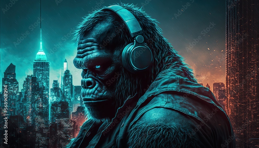 Gorilla with headphones and sunglasses, hip-hop style, new you york city in the background, cyberpunk colored ,Generative AI Gorilla with headphones and sunglasses, hip-hop style, new you york city in the background, cyberpunk colored ,Generative AI