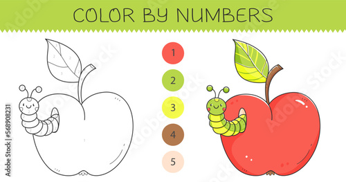 Color by numbers coloring book for kids with an apple and caterpillar. Coloring page with cute cartoon apple and worm with an example for coloring. Monochrome and color versions. Vector illustration.